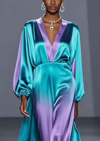 Green V Neck Tie Dye Silk Long Dress Fall