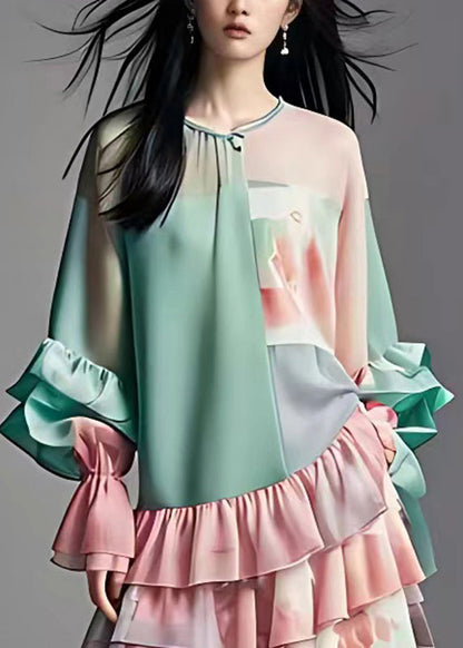Natural Green O-neck Wrinkled Chiffon Long Cake Dress Long Sleeve