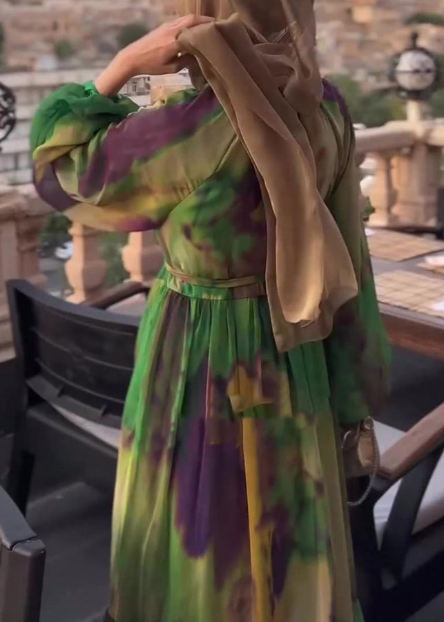 Green O Neck Print Chiffon Dresses Fall
