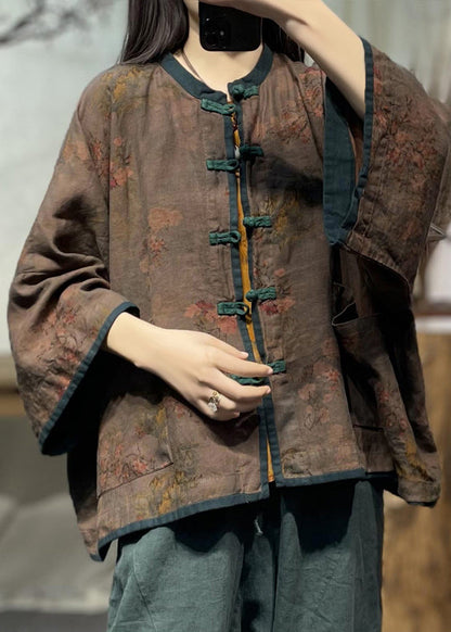 Loose Coffee Button Print Pockets Linen Coats Spring