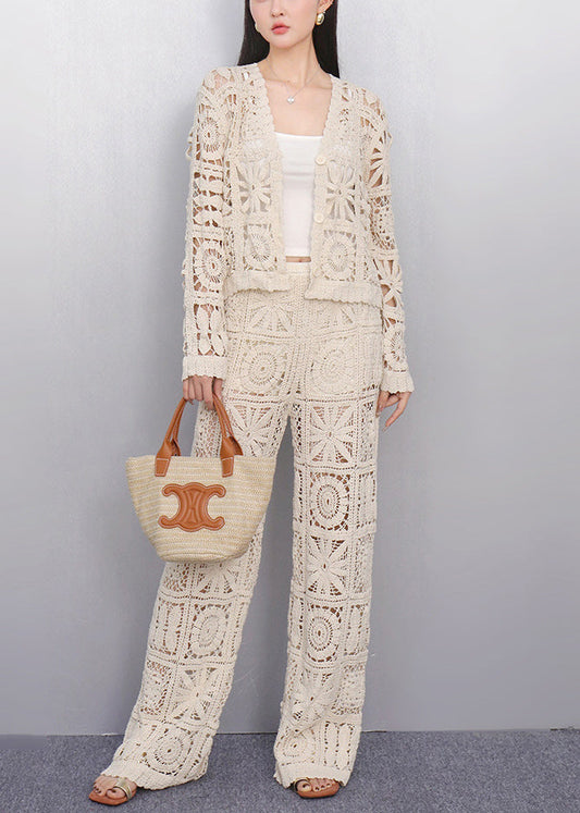 Art Beige Hollow Out Cardigan and Pants Knit Two Pieces Set Summer