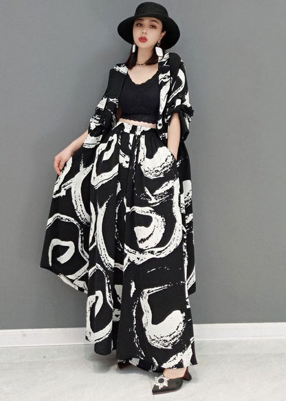 Black Ruffled Print Cotton Two Pieces Set Long Sleeve