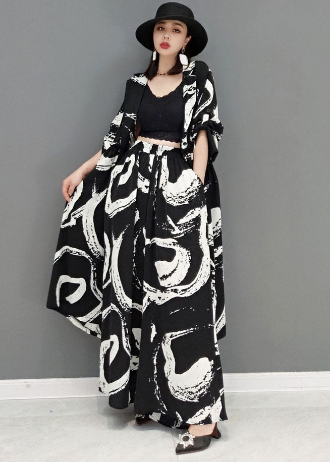 Black Ruffled Print Cotton Two Pieces Set Long Sleeve
