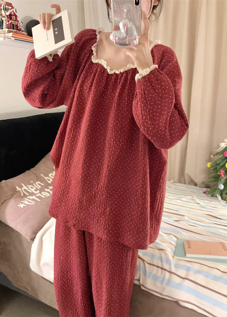 Red Dot Lace Patchwork Cotton Pajamas Two Pieces Set Fall