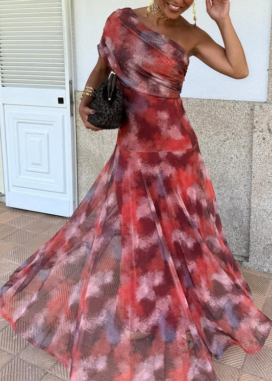 Stylish Red Cold Shoulder Print Tulle Long Dress Summer