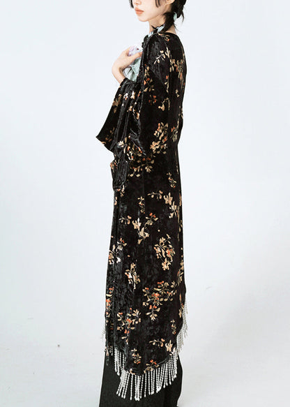 Black Asymmetrical Print Lace Up Velour Silk Dress Spring