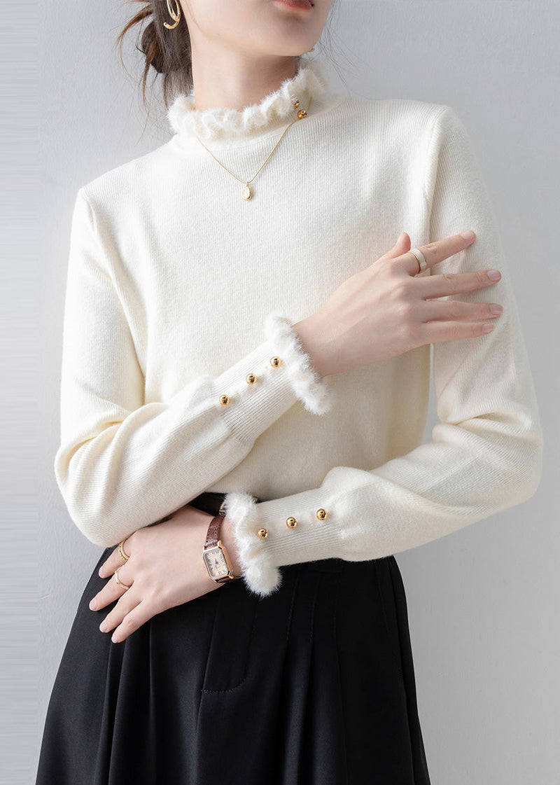 White Ruffled Patchwork Faux Fur Sweaters Winter