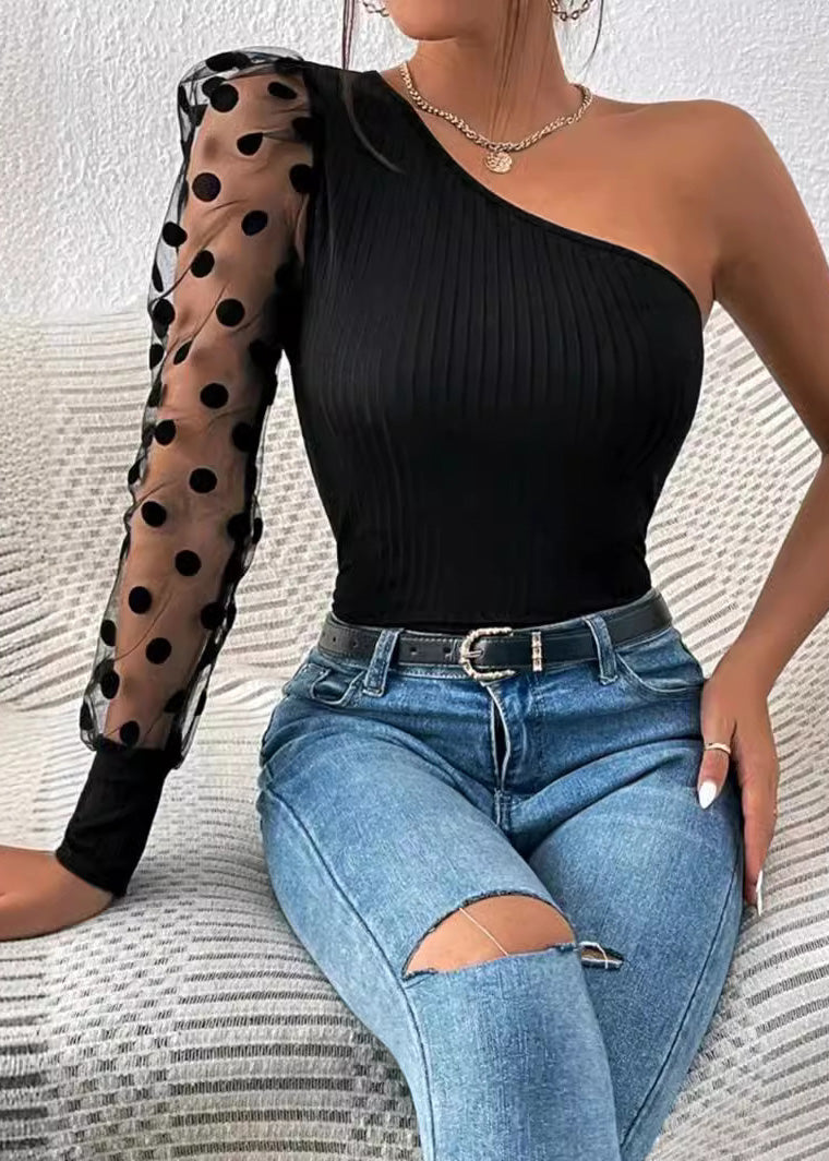 Black Shoulder Single Sleeved Patchwork Top