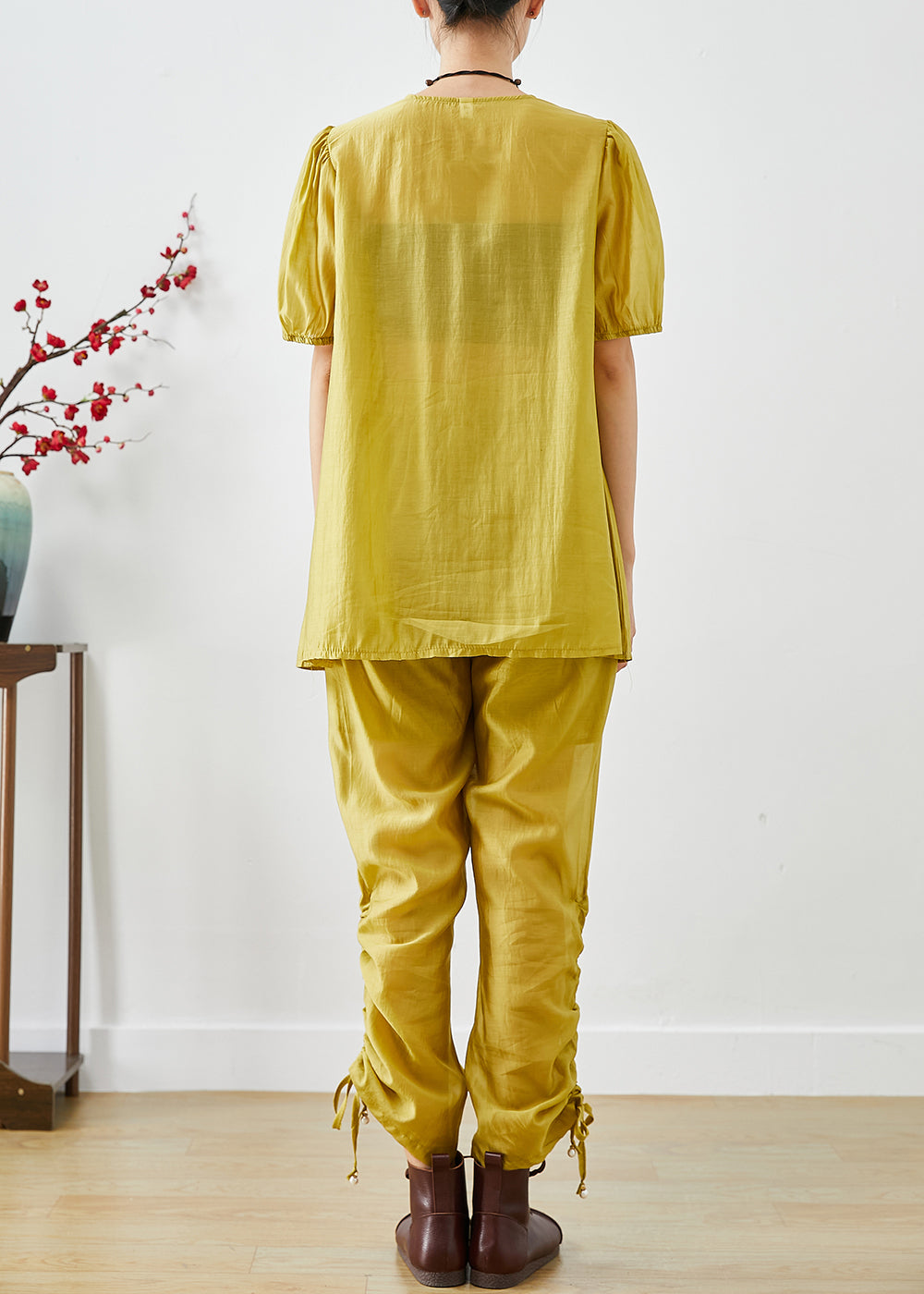 Yellow O-neck Wrinkled Silk 2 Piece Outfit Summer