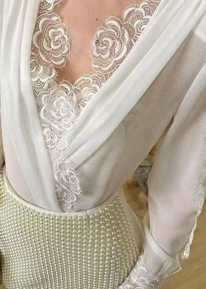 White V Neck Lace Patchwork Chiffon Shirt Fall