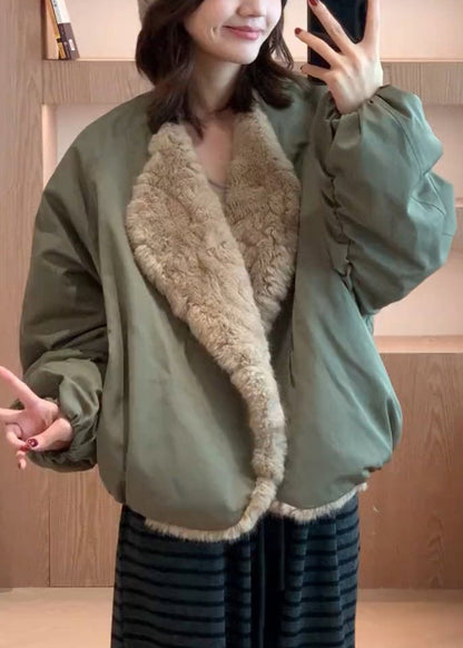 Loose Green Pockets Wear on Both Sides Fluffy Coats