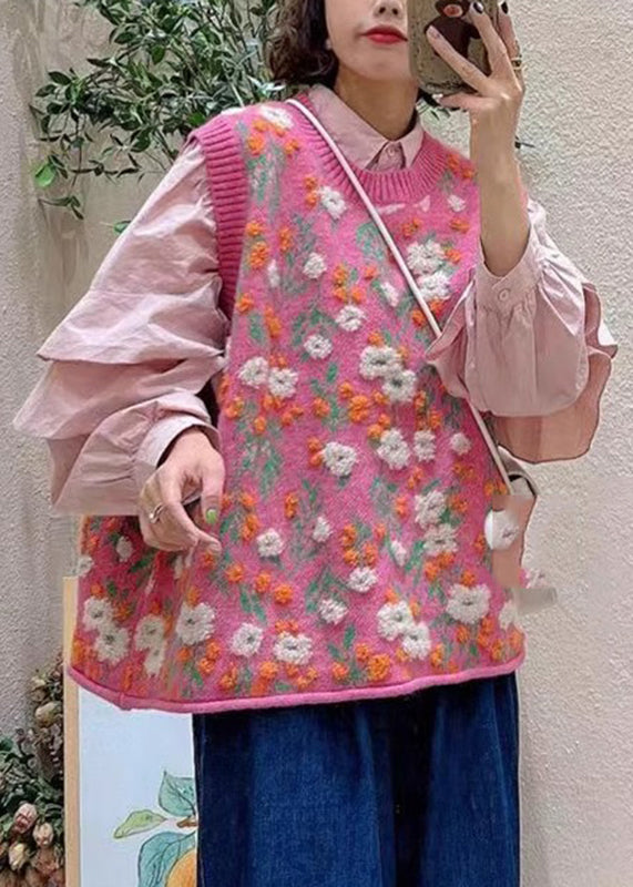 Pink O-neck Embroideried Knit Waistcoat Sleeveless