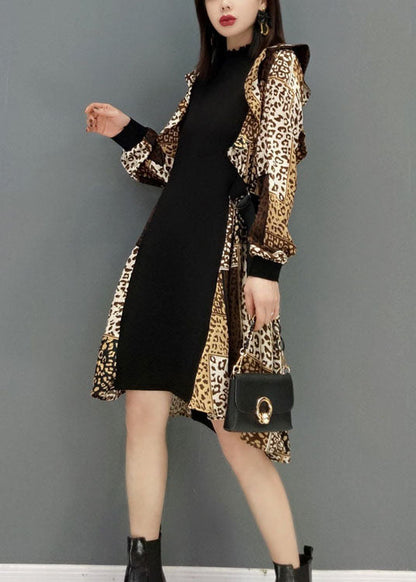 Leopard Print Tie Waist Patchwork Chiffon Dresses Spring