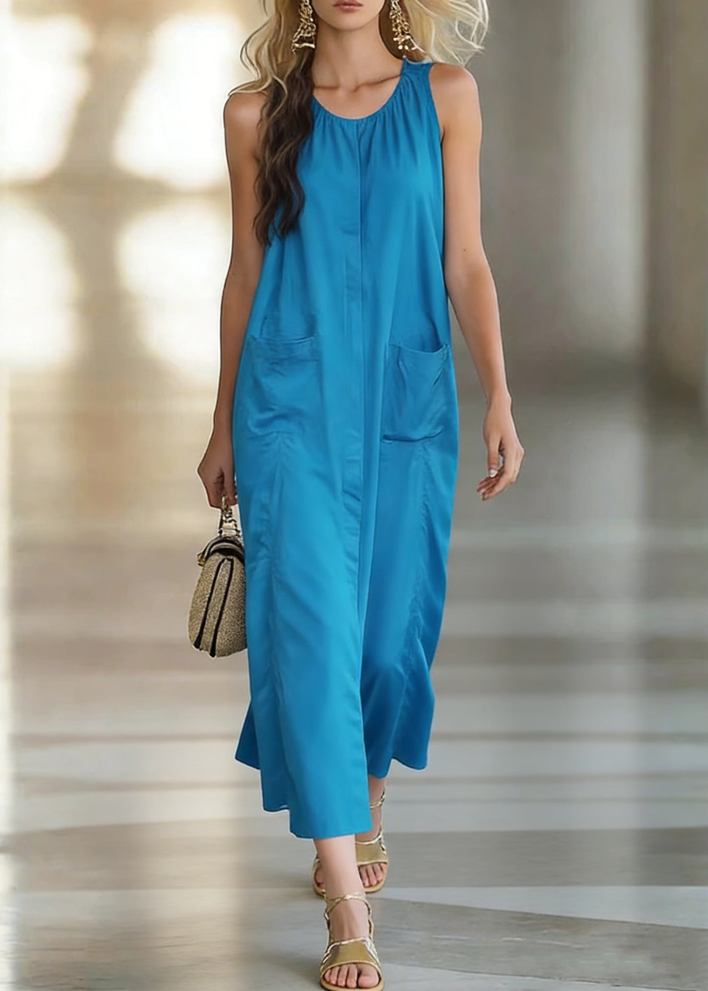 Peacock Blue Pockets Cotton Long Dress O Neck Sleeveless