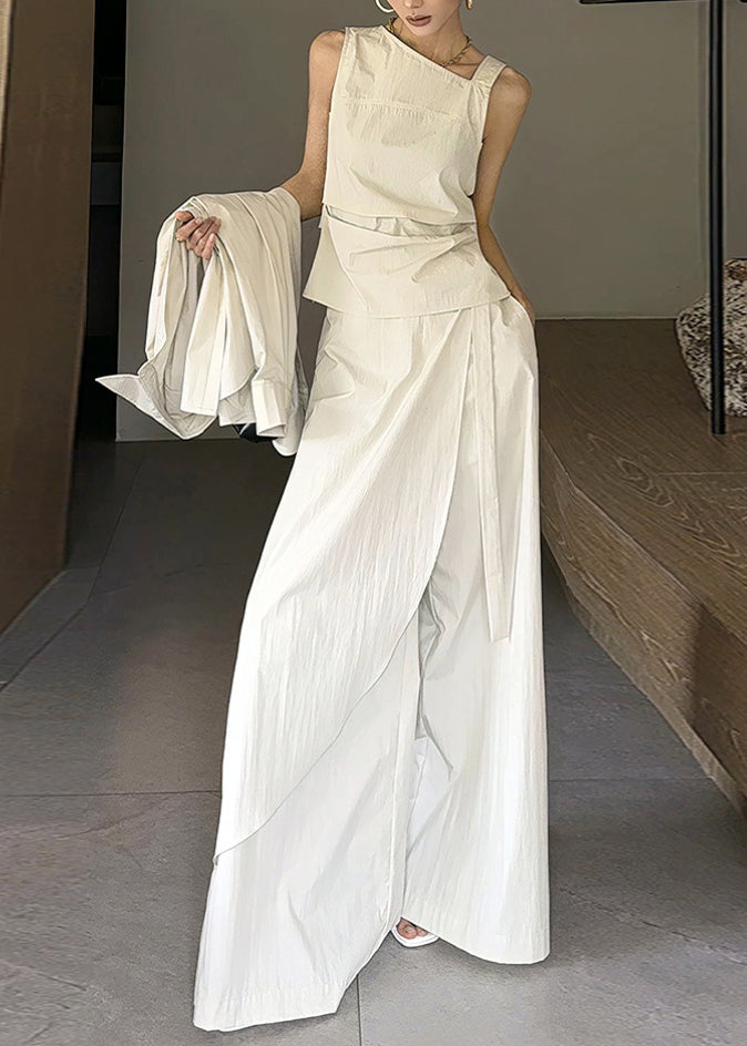 White Peter Pan Collar Shirts Vest and Wide Leg Pants Cotton Three Piece Set Long Sleeve