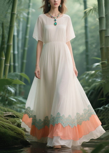 Italian White Lace Patchwork Draping Chiffon Vacation Dresses Summer