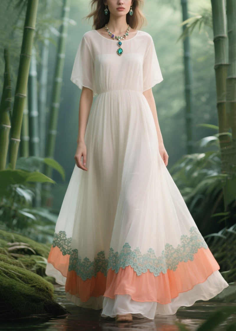Italian White Lace Patchwork Draping Chiffon Vacation Dresses Summer