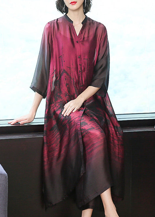 Red V Neck Print Silk Long Shirt Dress and Pants Two Pieces Set Summer