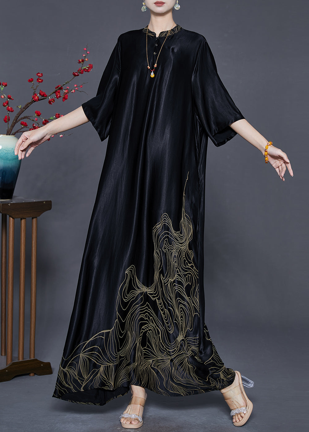 Boutique Black Mandarin Collar Print Silk Long Dresses Half Sleeve Summer