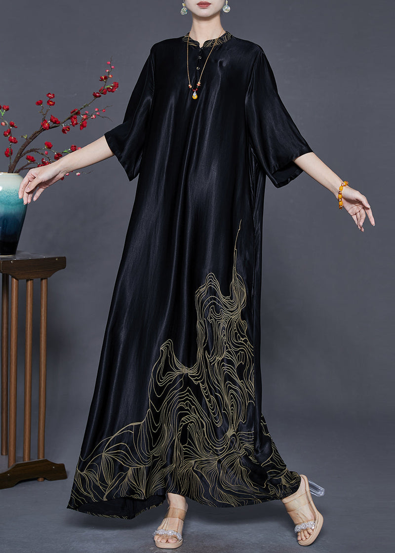 Boutique Black Mandarin Collar Print Silk Long Dresses Half Sleeve Summer