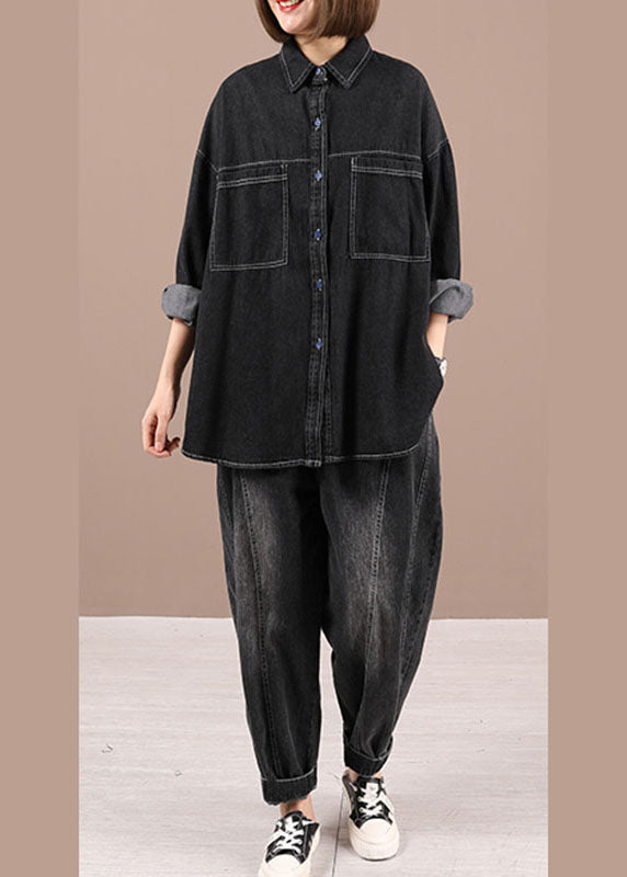 Black Loose Denim Fall Long Sleeve Coat