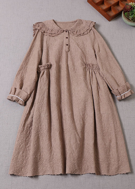 Khaki Embroideried Ruffled Cotton Vacation Dresses Long Sleeve