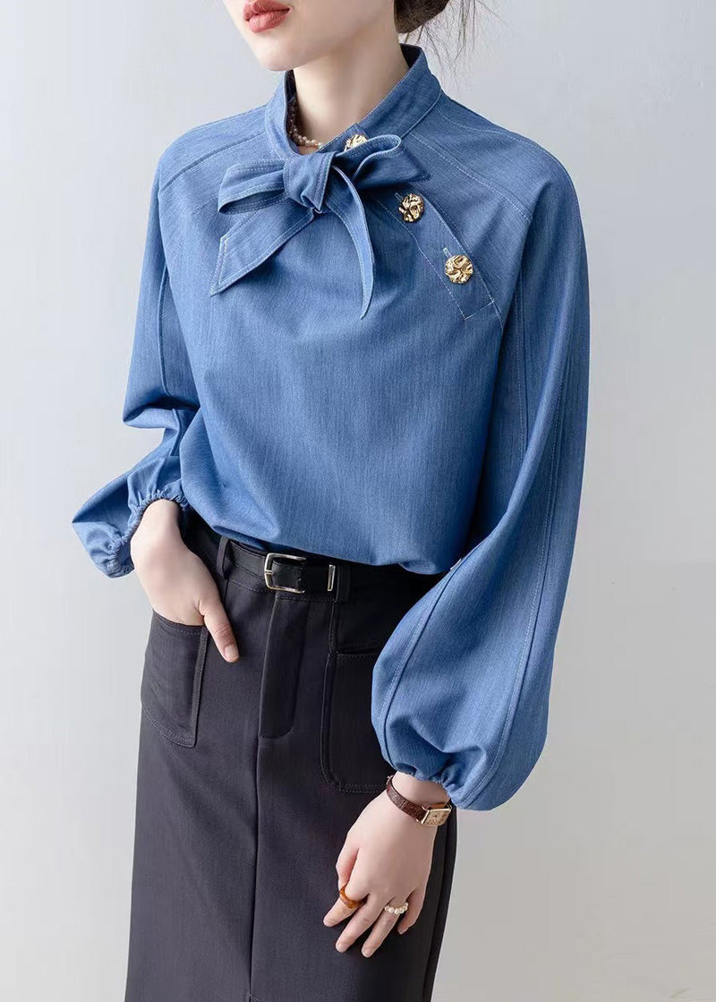 Denim Blue Stand Collar Bow Blouses Spring