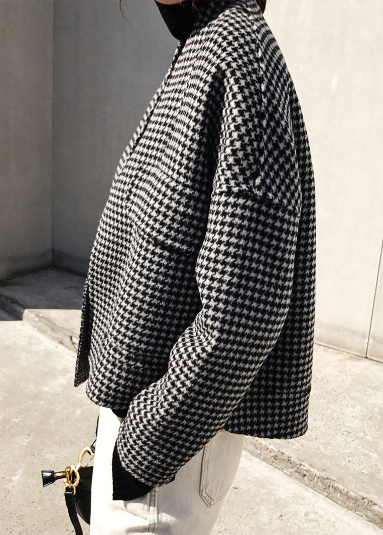 Vogue Black Notched Plaid Pockets Cashmere Coat Long Sleeve Fall