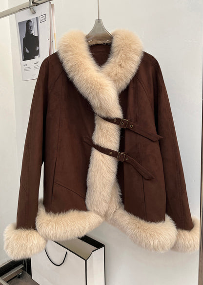 Brown Fox Collar Pockets Patchwork Duck Down Coats Winter