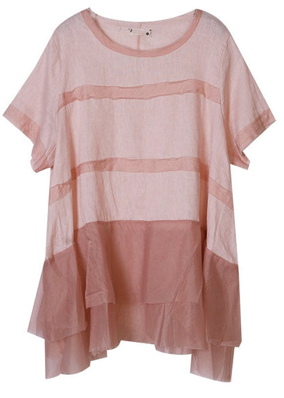 Pink O-neck Tulle Patchwork Cotton Linen Loose Tank Tops Short Sleeve