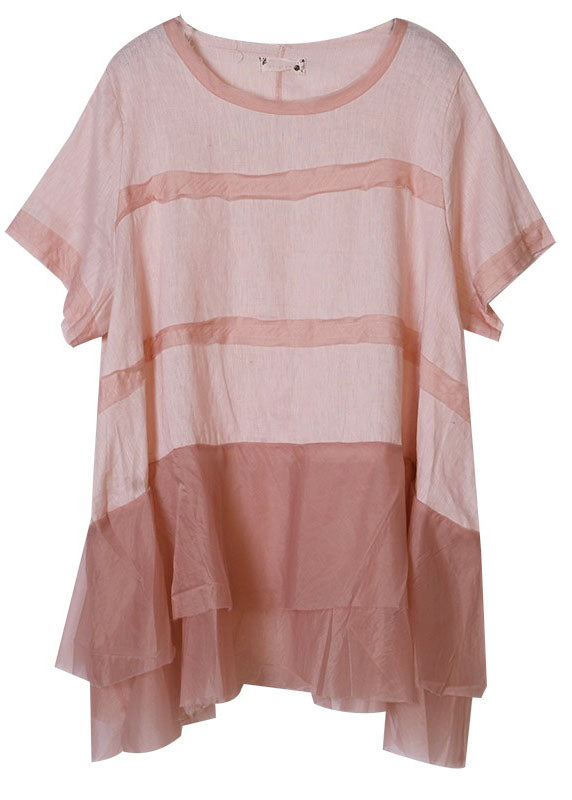 Pink O-neck Tulle Patchwork Cotton Linen Loose Tank Tops Short Sleeve