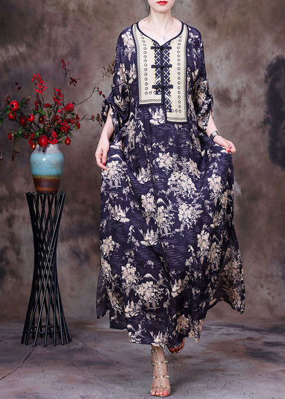 Yellow Print O-neck Side Open Silk Ankle Dress Long Sleeve