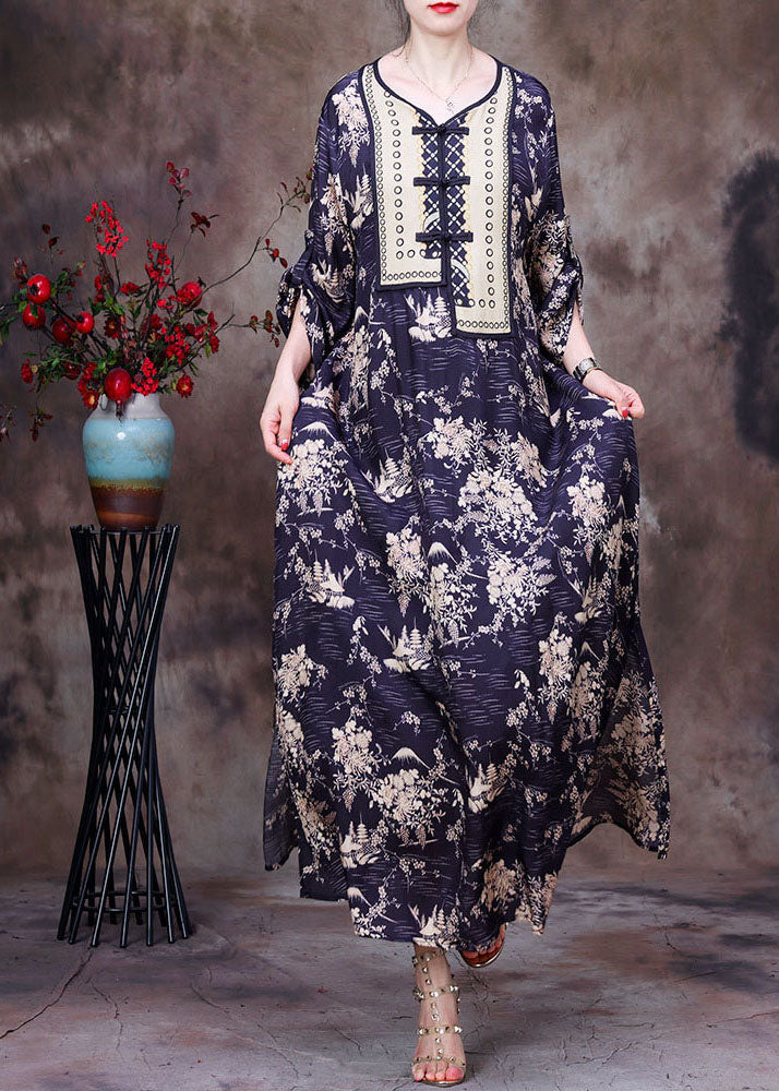 Yellow Print O-neck Side Open Silk Ankle Dress Long Sleeve