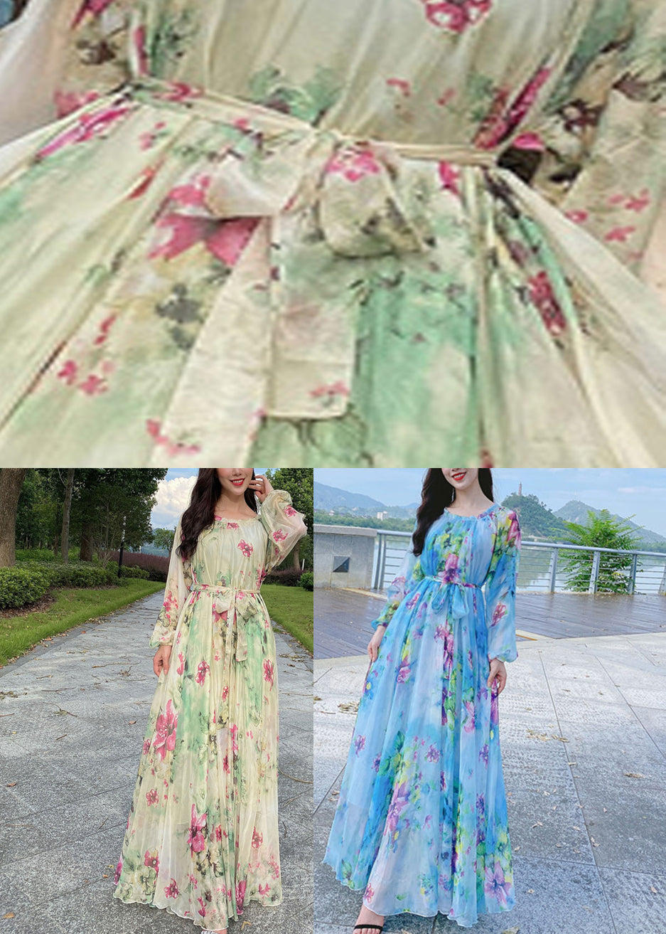 French Blue O-neck Print Chiffon Long Holiday Dress Spring