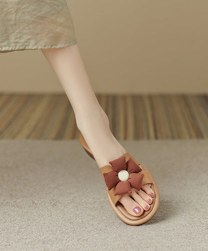 Splicing Brown Cowhide Leather Slide Sandals