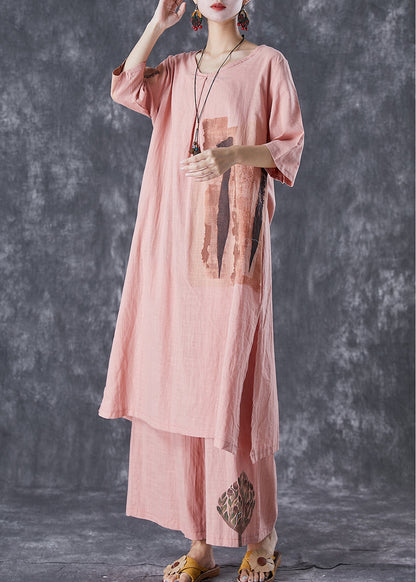 Brick Red Print Linen Dress and Pants Two Piece Set Outfits Side Open Summer