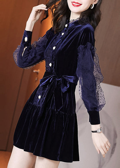 Navy Ruffled Tie Waist Patchwork Velour Dresses Puff Sleeve