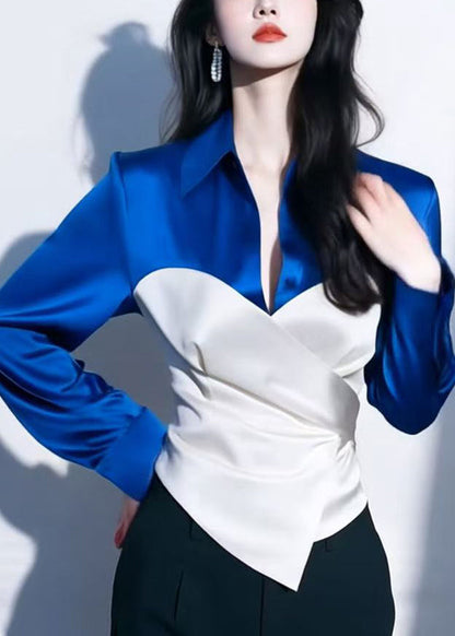 Red Peter Pan Collar Patchwork Silk Shirt Spring