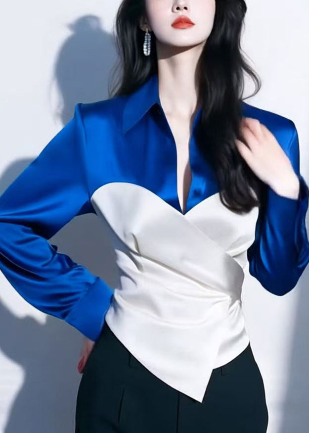 Red Peter Pan Collar Patchwork Silk Shirt Spring