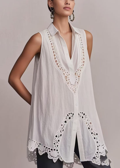 White Hollow Out Cotton Long Vest Sleeveless