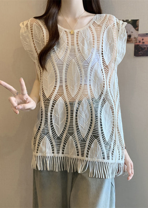 Art Apricot O-neck Tasseled Hollow Out Cotton Tank Summer
