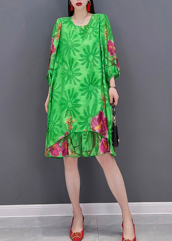 Green O Neck Print Chiffon Tops and Shorts Two Pieces Three Quarter Sleeve