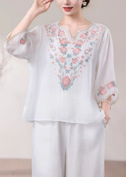 New Blue O Neck Embroidered Linen Blouses Bracelet Sleeve