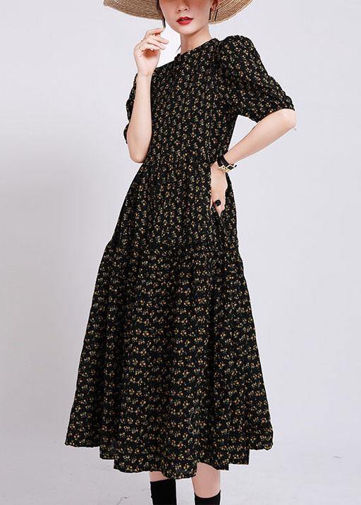 Black Print O-neck Circle Summer Party Dresses Half Sleeve