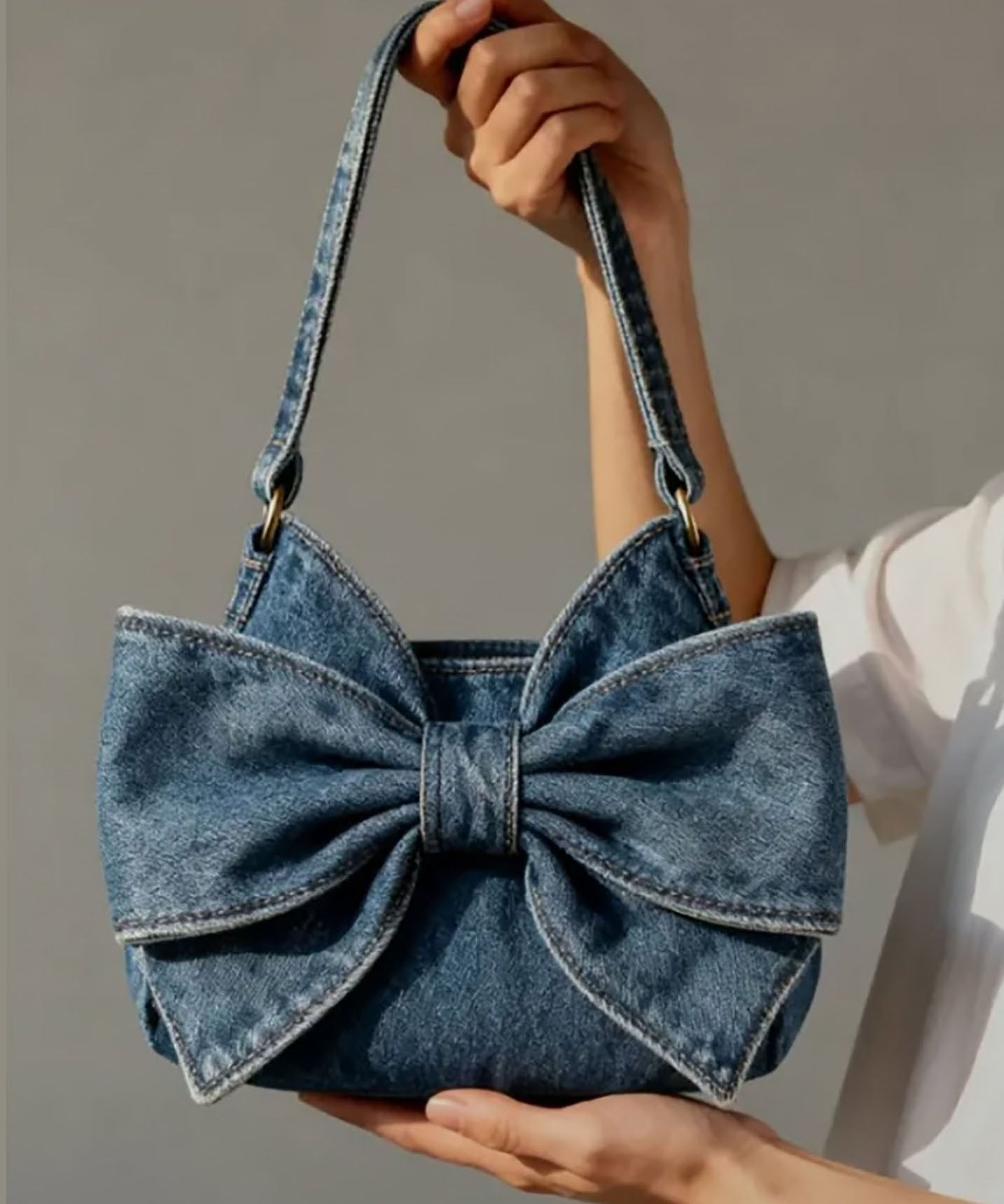 Navy Bow Durable Denim Shoulder Bags
