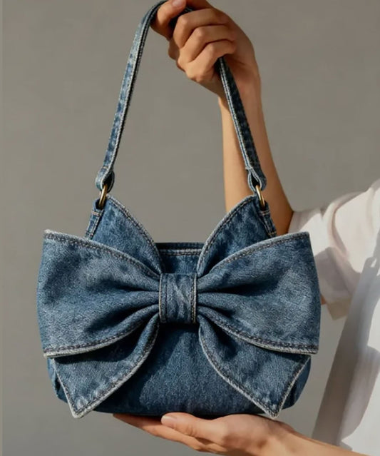Navy Bow Durable Denim Shoulder Bags