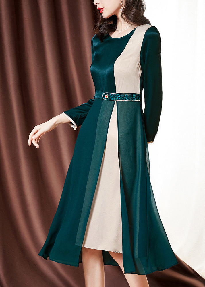 Fitted Blackish Green O-neck Patchwork Chiffon Cinch Dress Bracelet Sleeve