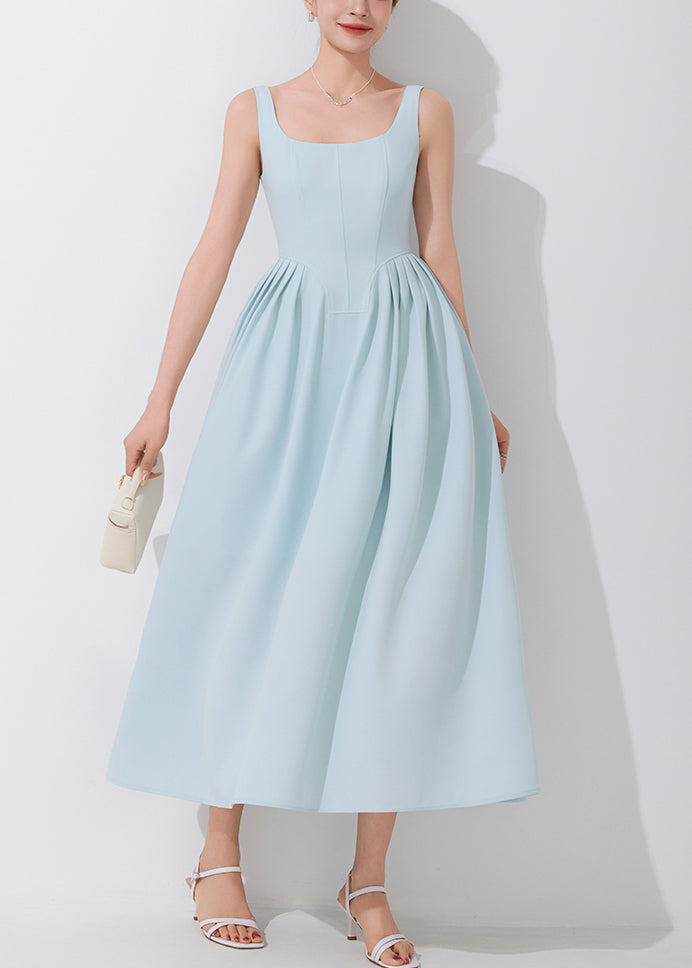 Blue Square Collar High Waist Spaghetti Strap Dress Sleeveless