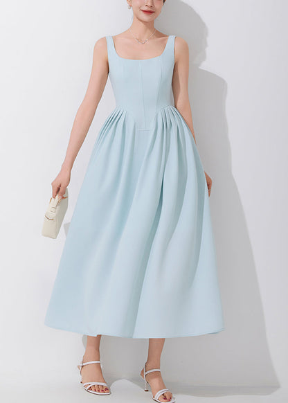 Blue Square Collar High Waist Spaghetti Strap Dress Sleeveless