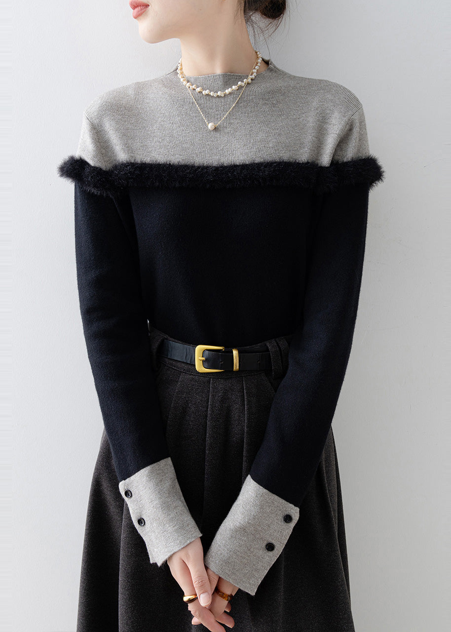 Fitted Black Stand Collar Patchwork Faux Fur Sweater Winter